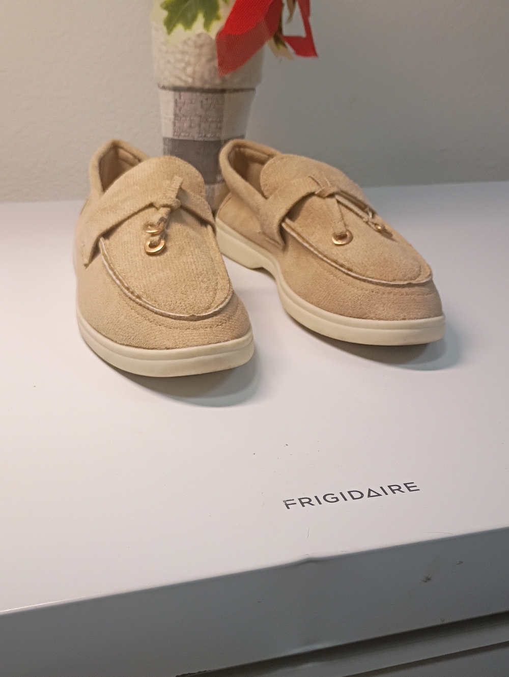 Beige Men’s Slip-On Loafers with Gold Accent